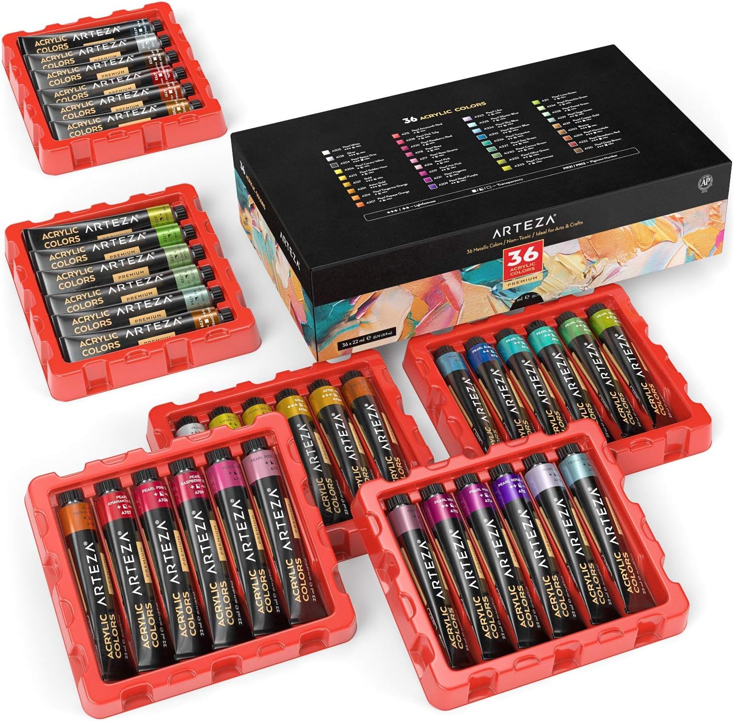 ARTEZA Metallic Acrylic Paint, Set of 36 Colours/Tubes (22 ml, 0.74 oz.) with Storage Box, Rich Pigments, Non Fading