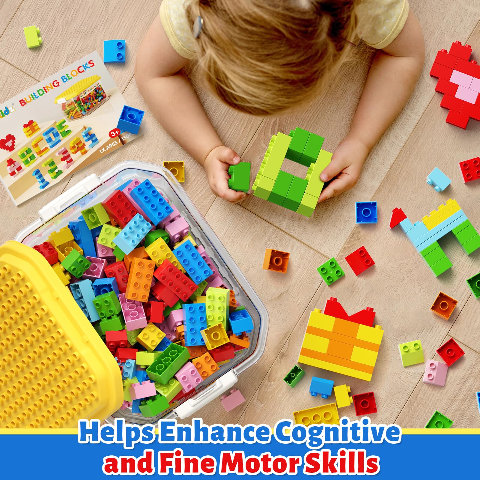 burgkidz Bausteine, 150 Farbenfrohe große Kreative Bauklötze mit Aufbewahrungsbox, die Kinder zum Bauen Anregen Zahlen und Alphabet, Konstruktionsspielzeug für Jungen Mädchen ab 3+ Jahre 7