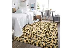 HOMORE Premium Leopard Fluffy Rugs, Leopard Print Rug for Living Room Bedroom,Soft Cheetah Print Rug for Kids Children Room, Faux Animal Printed Carpet for Western Decor,4x6 Feet Black and Khaki
