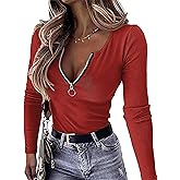 OwnTime Womens Sexy Tops Long Sleeve Henley Shirts Fitted Low Cut Tops Ribbed Zipper V Neck Cleavage Fall Shirts Blouses