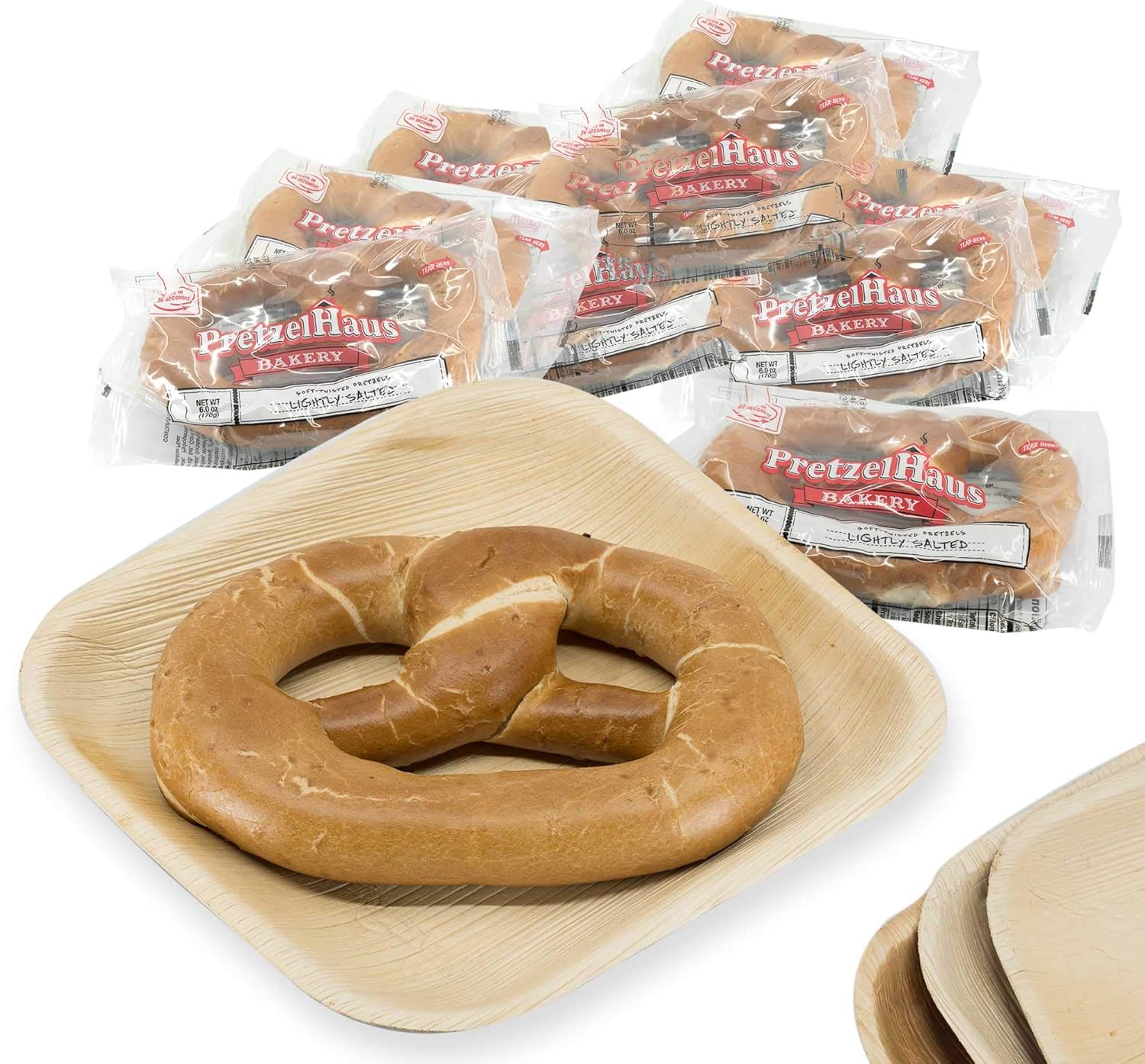 Pack of 10 Individually Wrapped PretzelHaus Soft German Style Pretzels, 6 oz, Lightly Salted Never Frozen Snacks w/Eco-Friendly Plates - Heat and Serve Super Food
