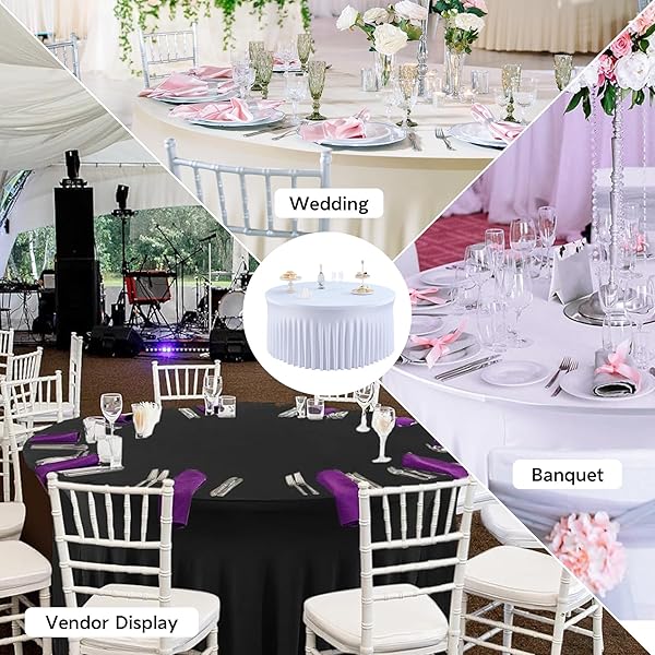 LEEGLERI 6 PACK SPANDEX WHITE ROUND TABLECLOTHS FOR 72IN TABLE, STRETCHY 132INCH FITTED 6FT ROUND TABLE CLOTHS, WRINKLE FREE TABLE COVER WITH SKIRT FOR WEDDING BIRTHDAY PARTY BRIDAL SHOWER BANQUET