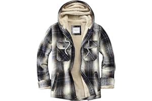 Veusna Men's Zip Up Flannel Shirt Jacket Fleece Lined Long Sleeve Plaid Coat Heavyweight Hoodie with Hood