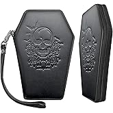 Lazy Skull Zip Around Coffin Wallet – Cute Witchy Small Purse for Women with Skull and Bat Design– Goth Accessory Wallet – Horror Coffin Purse– Spooky Halloween Gothic Wallet with Wristlet Strap