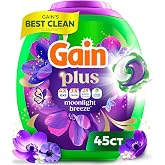 Gain Plus Flings Liquid Washing Detergent Pacs, Gain's Best Clean, All-In-One, Moonlight Breeze Scent, 45-Count Tub