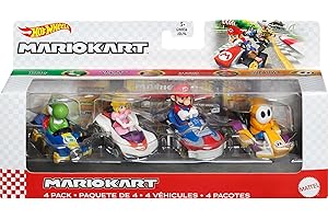 Hot Wheels Mario Kart Vehicle 4-Pack, Set of 4 Fan-Favorite Characters Includes 1 Exclusive Model, Collectible Gift for Kids & Fans Ages 3 Years Old & Up