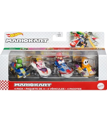 Hot Wheels, Mario Kart, Surprise Pack of 4 Cars, Luigi, Mario