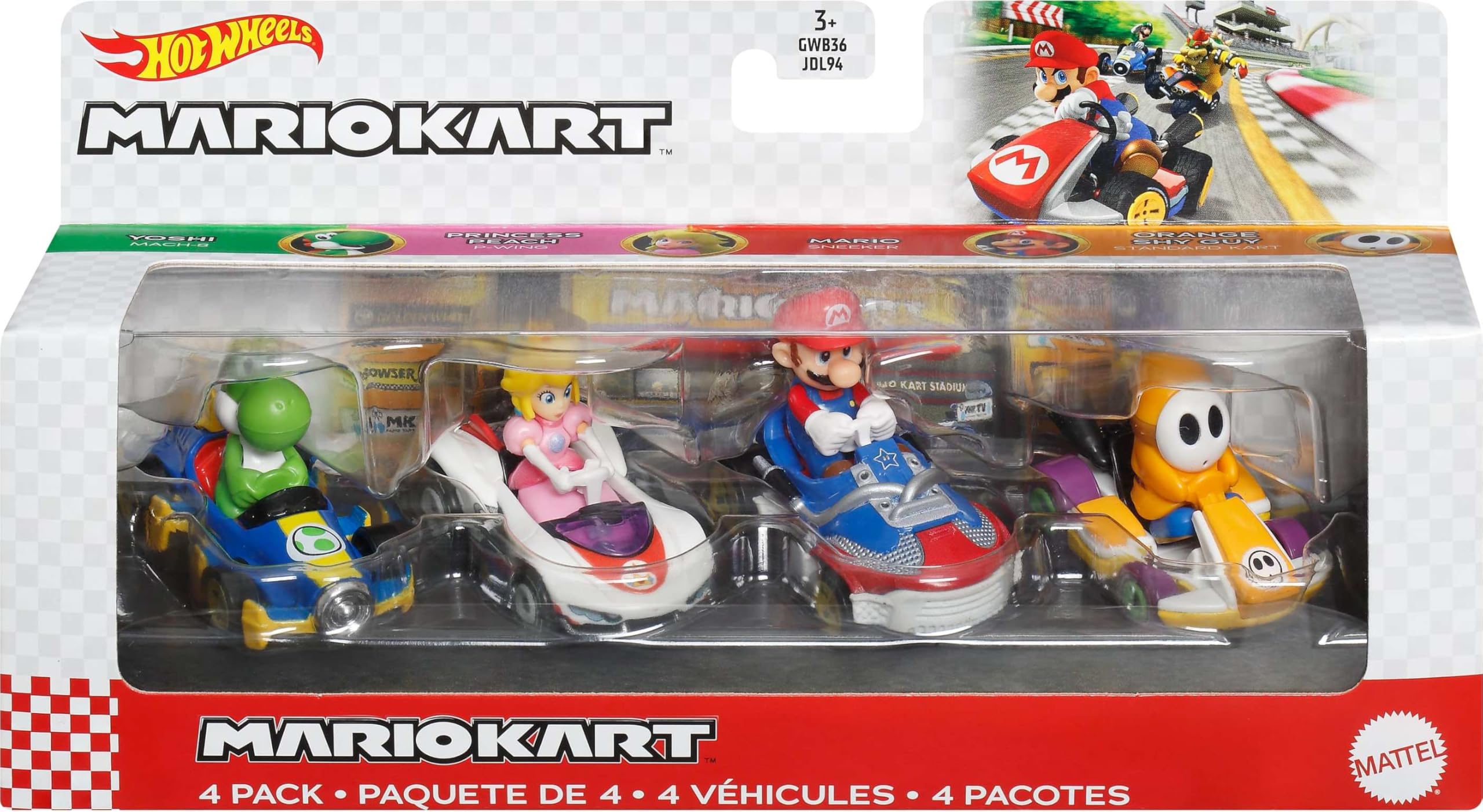Hot Wheels GWB38​ Mario Kart Die-Cast Character Replicas in 4-Pack Each Assortment Includes Fan-Favorite Characters and 1 Exclusive Ages 3 and older, Multicolor, 5.08 cm*3.175 cm*7.62 cm