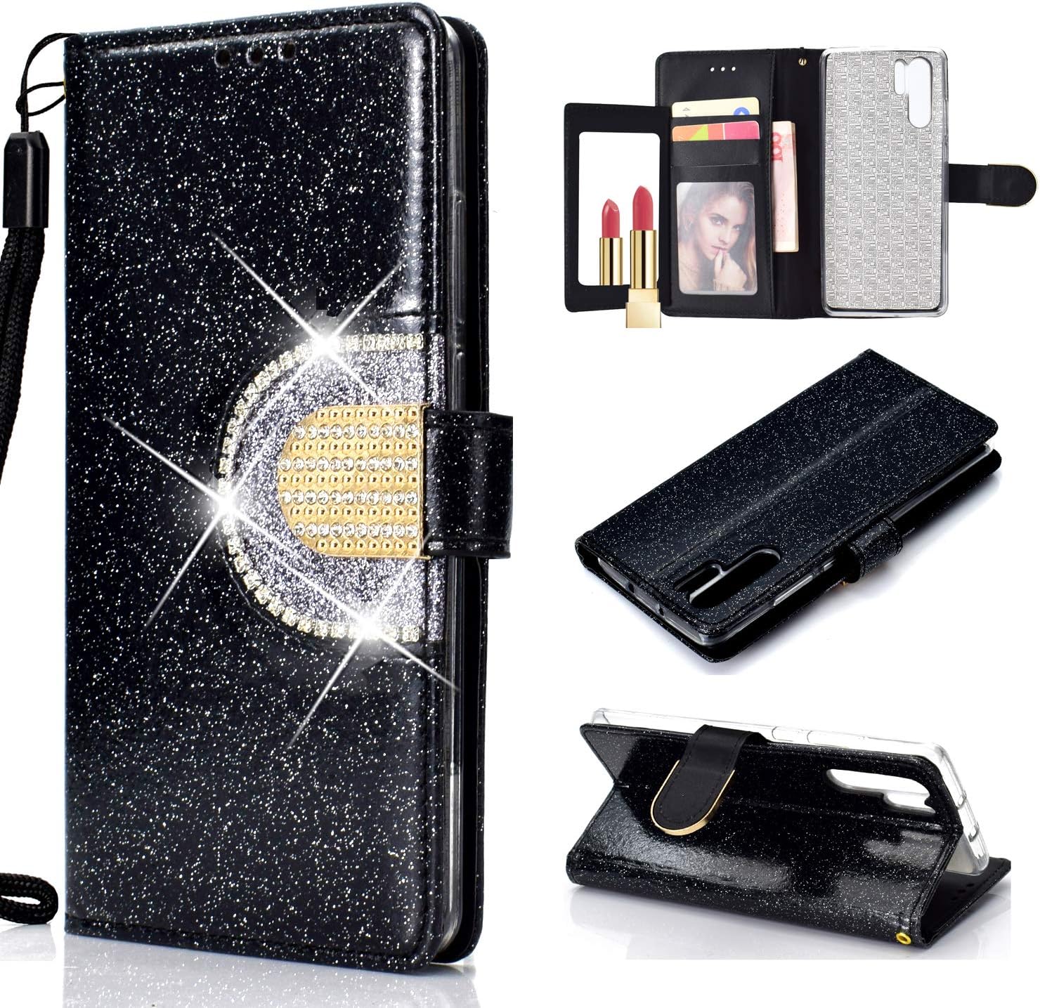Awenroy Compatible with Huawei P30 Pro Wallet Case Premium Sparkle Bling Glitter Diamond Luxury Wallet Case PU Leather Magnetic Flip Cover with Card Slots and Mirror - Black