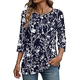 Zeagoo Womens Tops 3/4 Length Sleeve Blouses Dressy Casual Shirt Pleated Front Tunic Floral Printed Spring Clothes