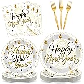 QOUBAI 100PCS Happy New Year Plates and Napkins Party Supplies 2026 Disposable Tableware Set Including Gold Paper Dessert Plates and Napkins Forks for New Year Eve Party Decoration Serves 25
