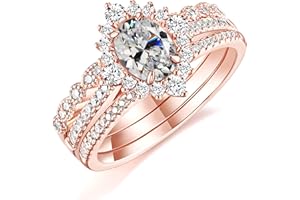 WSX Real Gold 10K/14K/18K Oval Cut Gemstone Halo Wedding Ring Sets for Women,3 Pieces Engagement Ring Sets Jewelry Gift for A