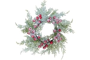 Winlyn 4 Pcs Artificial Snowy Cedar Candle Rings Red Berry Christmas Candle Holder Wreath Rings Mini Snowy Christmas Wreaths Faux Cedar Twigs Wreath 12.2” Wide for Winter Wedding Holiday Table Décor