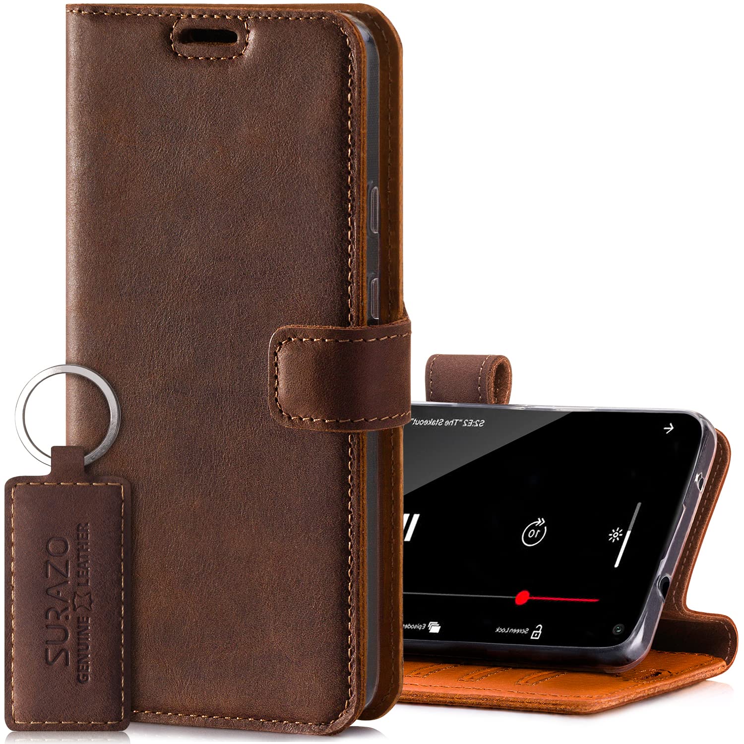 SURAZO Leather Wallet Mobile Phone Case Compatible with Samsung S21 Plus - Flip & Fold Smartphone Case with Stand, RFID Blocker, Magnet Closure, 3 Slots for Bank Cards - Handcrafted European Leather