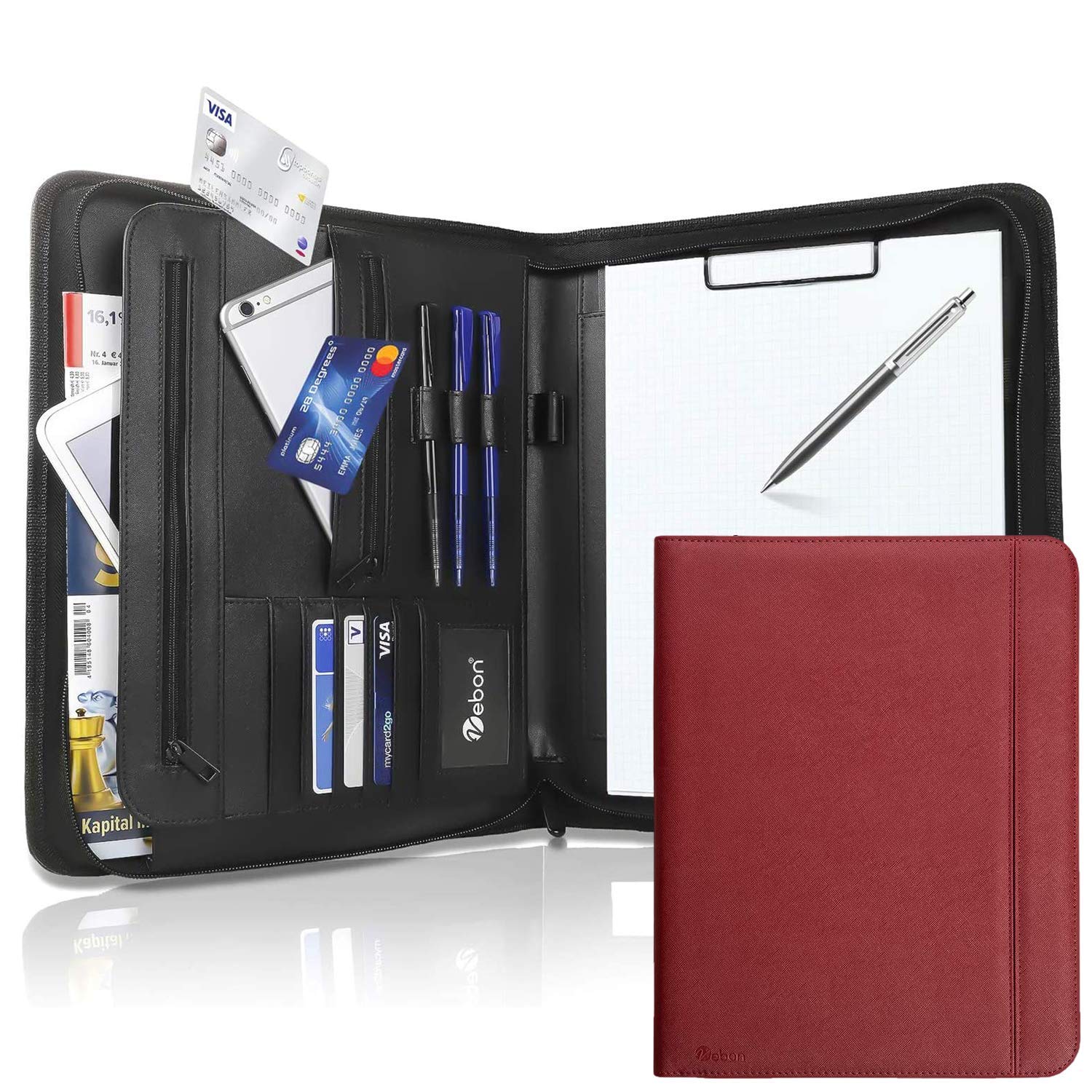 Vebon® New York A4 Large Writing Case, Vegan Leather, Zip + Clipboard, Conference Folder + Laptop Bag, Extra Storage Space, Red