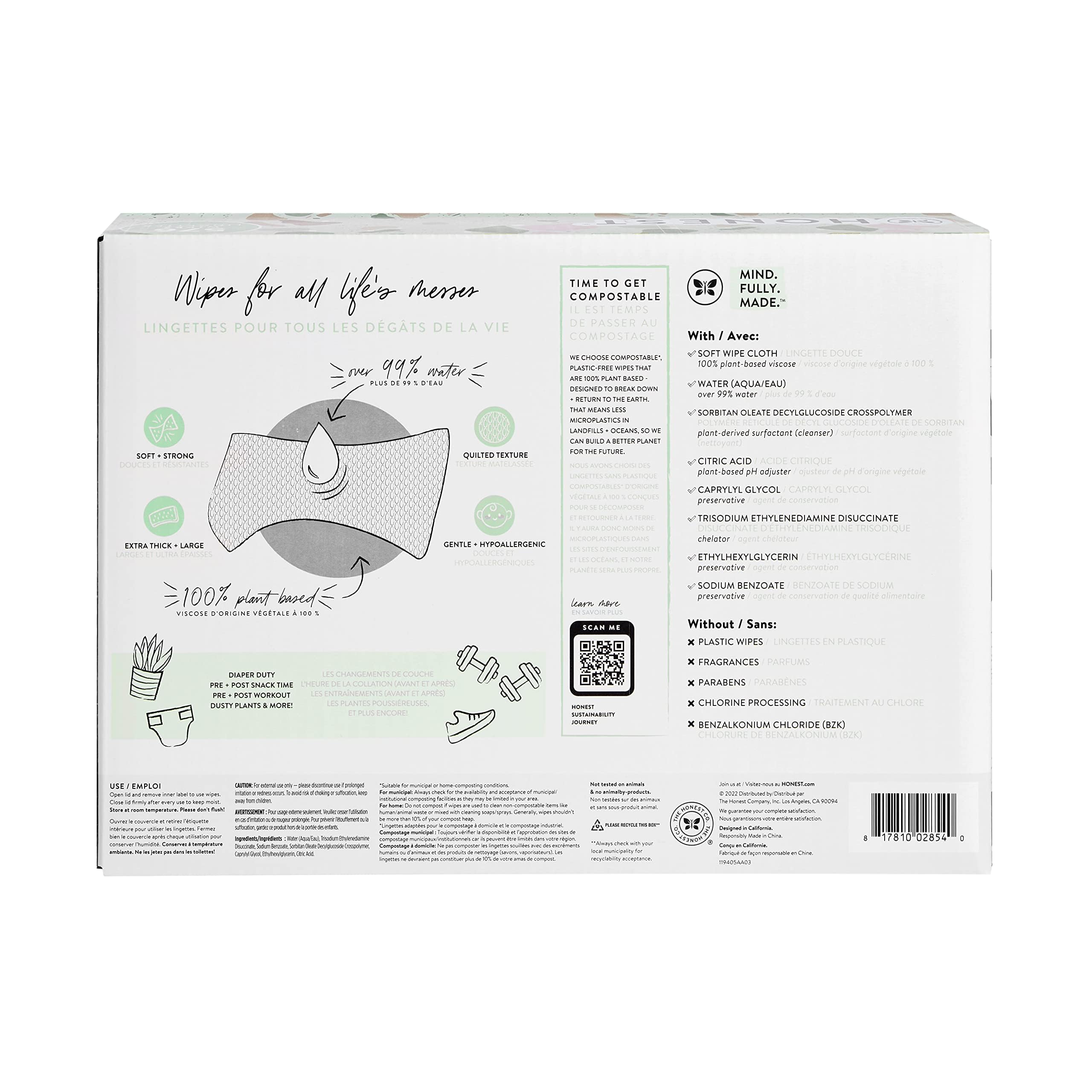 The Honest Company Clean Conscious Multi-Use Wipes Unscented Hypoallergenic Baby for Sensitive Skin 99% Water Plant-Based Compostable Geo Mood 576 Count