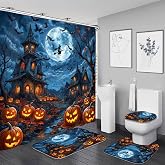 Nkzply 4 Pcs Halloween Shower Curtain Set Castle Bathroom Set with Rugs | Witch Shower Curtain Scary Pumpkin Bathroom Sets with Shower Curtain and Rugs Horror Night Moon Bathroom Rug Set Bath Decor