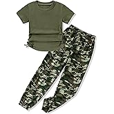 Crazyme Girls Clothes Ruched Drawstring Short Sleeve Knit Top and Camo Print Pants 2 Piece Girls Outfits 7-14 Years