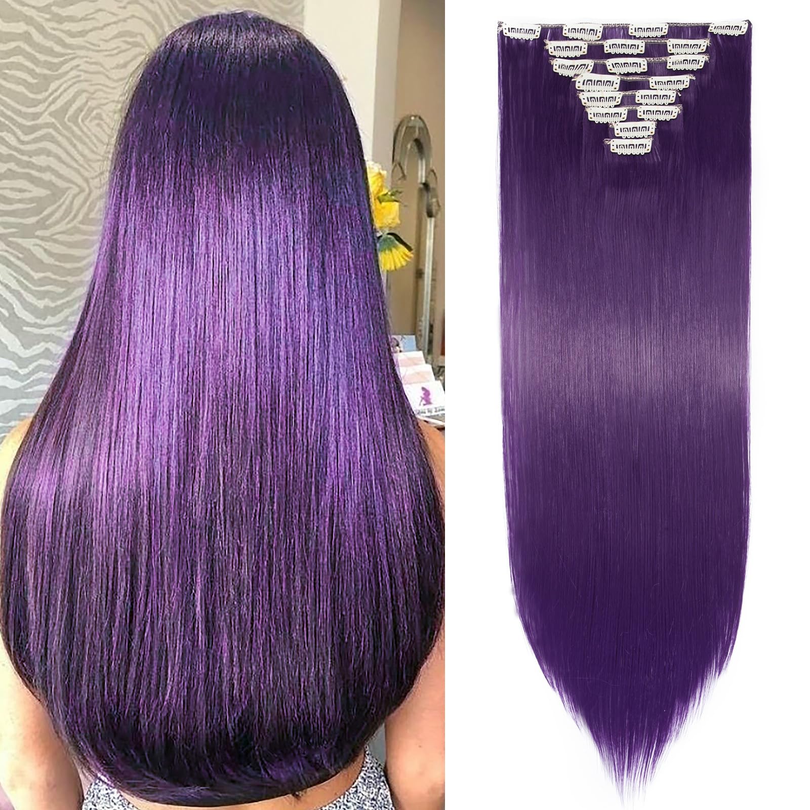 SEGOHAIR Hair Extensions Clip in 8Pcs 18 Clips Synthetic Fiber Seamless 26" Long Straight Full Head -Purple Blue — image 1