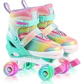 LEVYTEMP Rainbow Roller Skates for Girls Kids, Gradient Pink Purple 4 Size Adjustable Quad Skates Size XS S, M, L Ages 3-12 with All Light Up Wheels for Kids Youth Outdoor Indoor