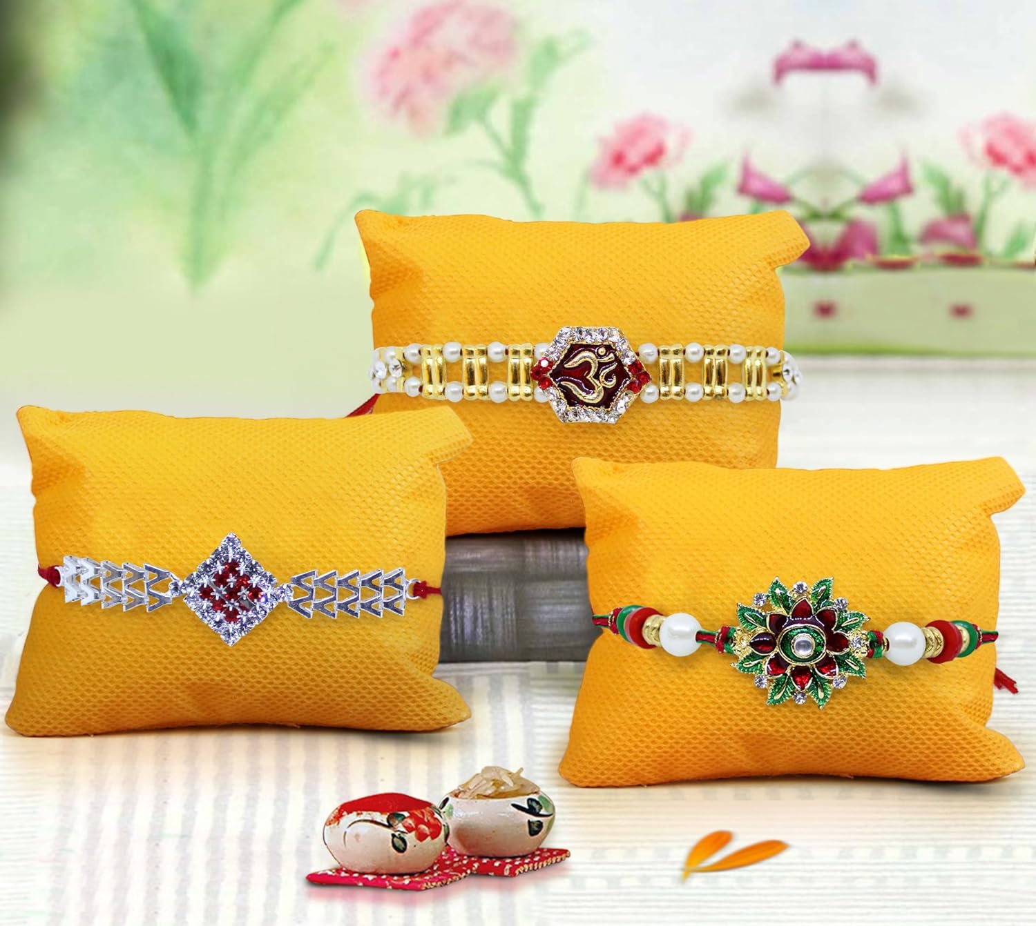 tied ribbons 3 rakhi with roli chawal pack for brother(men)