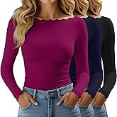 Huukeay 3 Pack Women's Long Sleeve Tops Lettuce Trim Boat Neck Shirts Slim Fit Casual Basic Fitted Tees