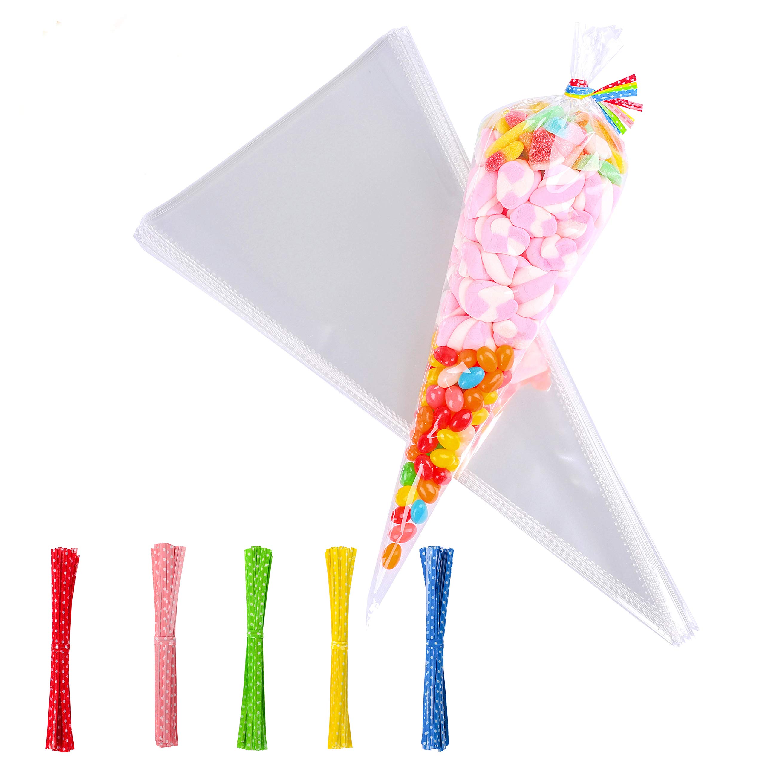 Whaline 100 Pcs Clear Cone Treat Bags Cellophane 37 x 18cm Sweet Cello Bags with 100 Assorted Twist Ties for Party