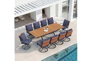 Grand patio 11-Piece Outdoor Dining Set, 10 Leather-Look Wicker Blue Swivel Patio Chairs & 1 Extendable Rectangular Dining Table, Brown