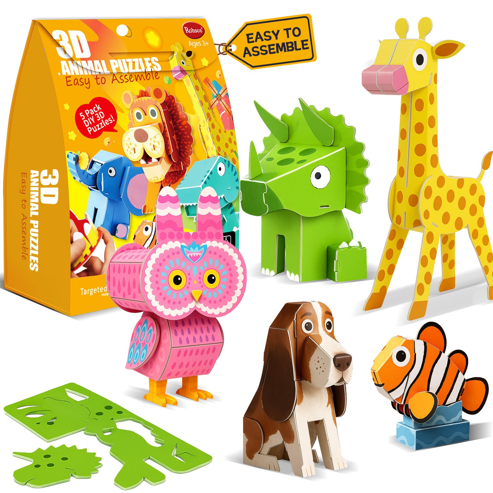 ROHSCE 3D Puzzles for Kids – DIY Animal Puzzles Educational Paper Craft Kit with 5 Cartoon Animals – STEM Learning Toys for Boys & Girls, Creative Gifts for Birthday, Classroom, and Travel