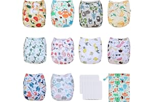 TDIAPERS Baby Cloth Diapers Washable Reusable One Size Adjustable for Baby 10 Pack with 10 Pcs Microfiber Inserts, 1 Wet Bag