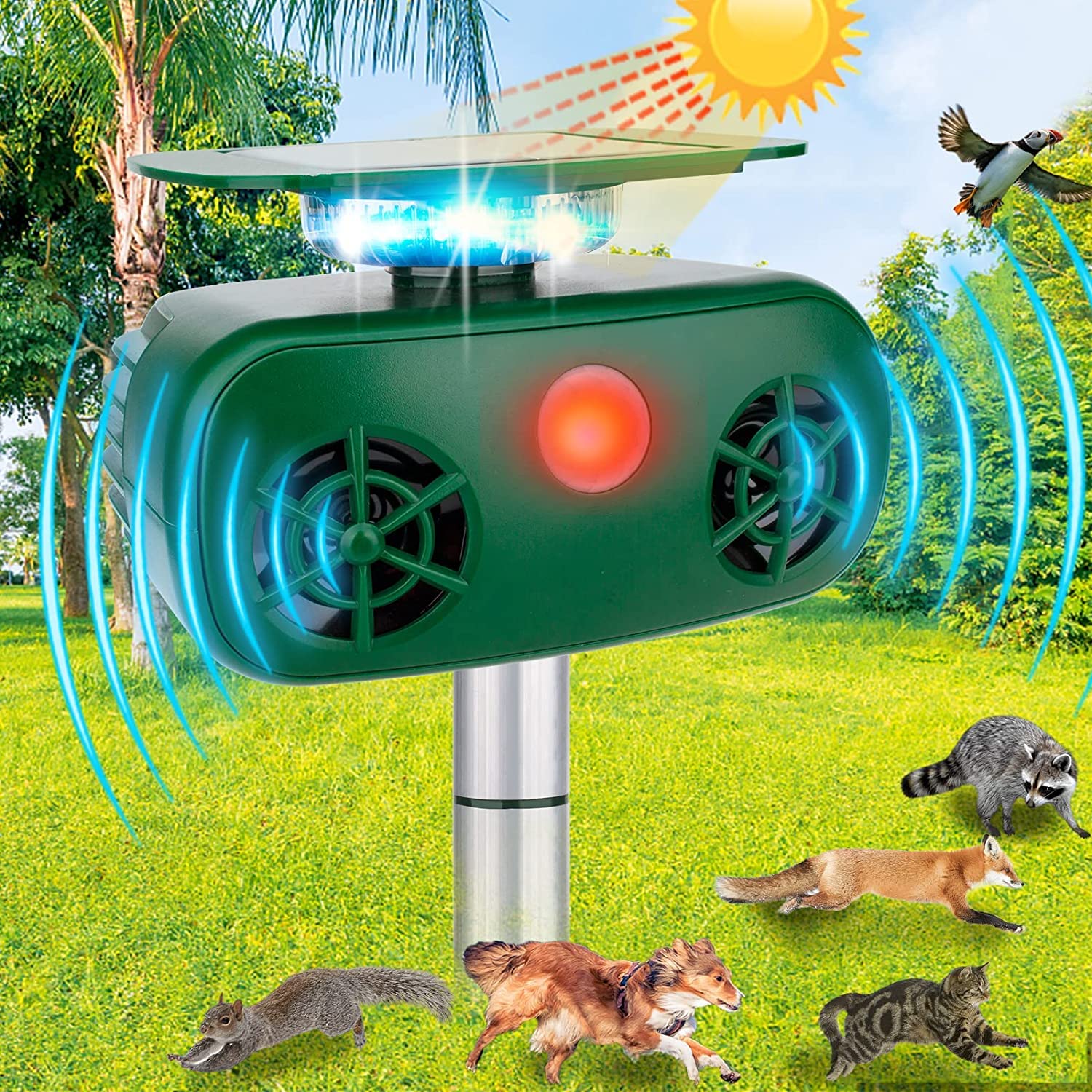 Photo 1 of Ultrasonic Animal Repeller, 5 Modes Solar Powered Animal Deterrent, Waterproof Repellent with Motion Sensor and Flashing Light for Squirrels, Rabbit, Fox, Raccoon for Yard Farm Garden