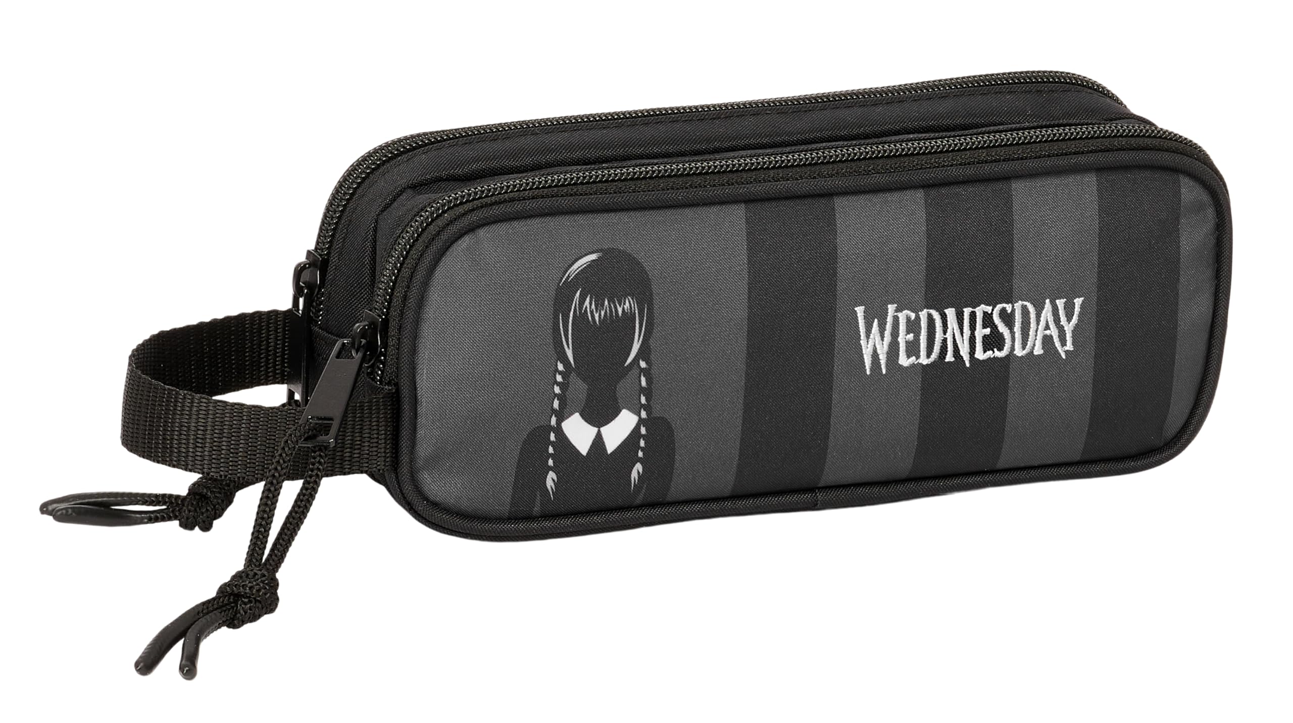 Safta Wednesday – Children's Double Pencil Case, Children's Pencil Case, Ideal for School Children, Comfortable and Versatile, Quality and Resistance, 21 x 6 x 8 cm, Black, Black/White, Estándar,