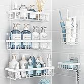 Liuoud 5 Pack Shower Caddy Organizer Rack Shelf for Inside Shower, Self Adhesive Wall Storage Basket Rustproof Stainless Steel Shampoo Holder Bathroom Accessory Decor Set, White