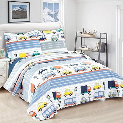 Buy Boys Summer Quilts Car Bus Truck Coverlet Set Full Queen Size 3pcs Kids Cartoon Lightweight Bedspreads Reversible Stripe Holiday Bedding Pillow Shams Online In Italy B088thl5wm