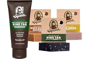 Dr. Squatch Men's Face Wash and Bar Soap Bundle - Exfoliating Face Wash made with Natural Ingredients - Pine Tar Face Wash and Pine Tar Bar Soap, Wood Barrel Bourbon, and Gold Moss