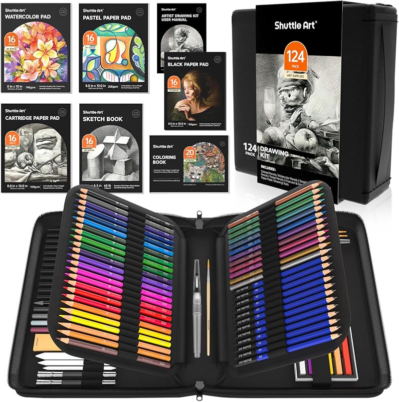 Shuttle Art 124 Pack Sketching Pencils Set with Pads Case Art Kit