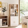 ModernMate Book Shelf with Storage, Tall Bookshelf with 2 Drawers and Doors, Modern Bookcase with 5 Open Cubes, Wooden Bookshelf for Home and Office, Living Room, Study, Light Walnut
