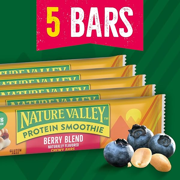 NATURE VALLEY PROTEIN SMOOTHIE CHEWY SNACK BARS, BERRY BLEND PROTEIN BARS, 5 BARS, 7.1 OZ