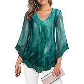 Lotusmile Womens Dressy Blouse Double Layers Mesh Shirt Ruffle 3/4 Flared Sleeve Tunic Tops