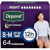 Depend Night Defense Adult Diapers, Incontinence Underwear for Men, Disposable, Overnight, Small/Medium, Grey, 64 Count (4 Packs of 16), Packaging May Vary