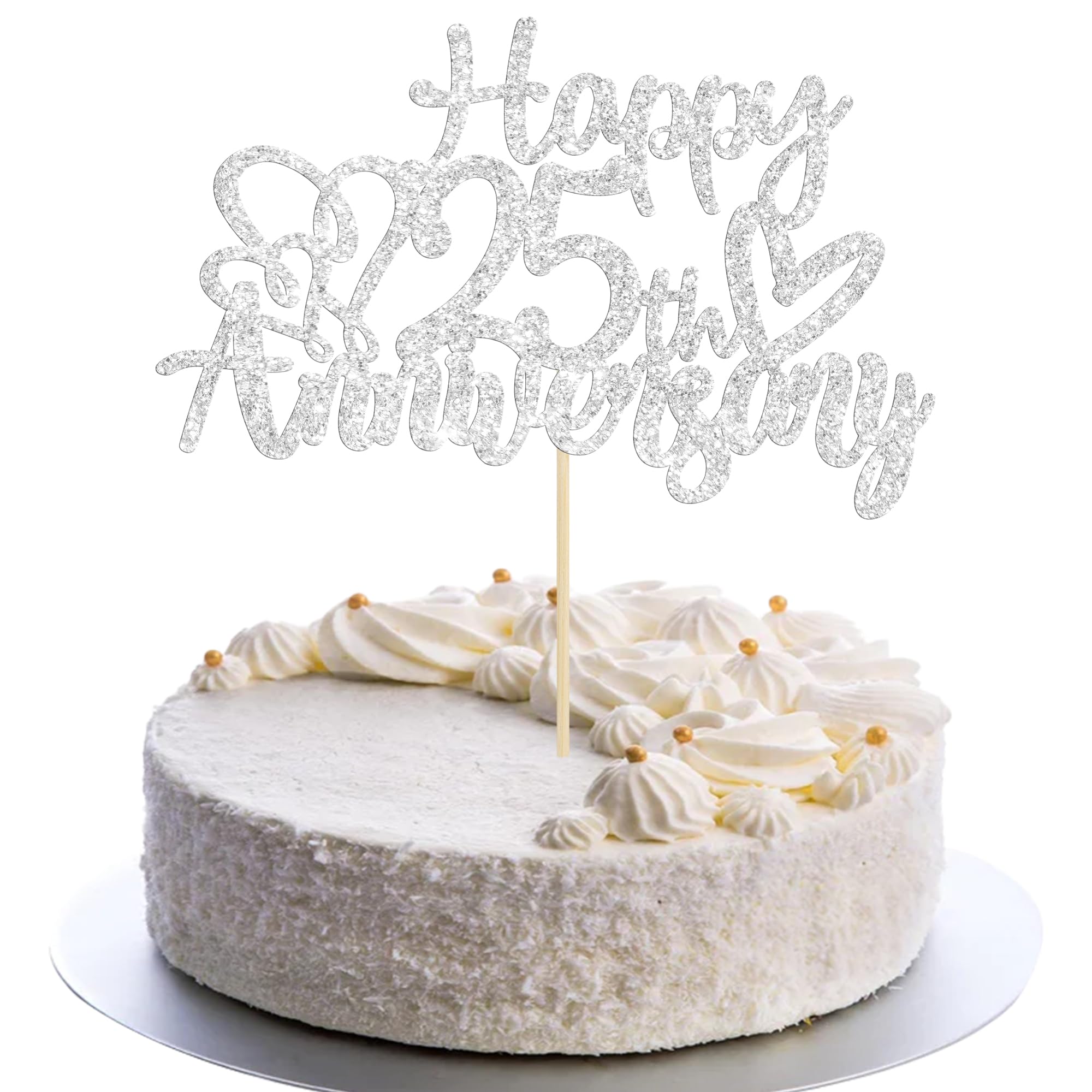 Gyufise 3 Pack Silver Glitter Happy 25th Birthday Cake Toppers for Wedding Anniversary Party Decorations