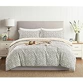 ALEISSEL 100% Cotton Duvet Cover King Size 3PC - Elegant Design with White Botanical Branches on Soft Gray, Reversible Beige Back, Button Closure, Luxurious Vintage Bedding Sets (King, 104"×90")