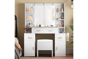YITAHOME Vanity Desk with Mirror and Lights, Makeup Vanity Set with Shelf and Drawers, Dressing Table with Charging Station, Storage Stool, 3 Lighting Modes Brightness Adjustable, Bedroom, Off White