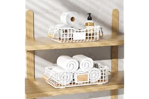 Qcold Bathroom Tray and Organizer Basket, 2 Pack Storage Baskets with Wooden Handles, Multipurpose for Bathroom, Coffee Bar, Kitchen cabinet, Living Room - White