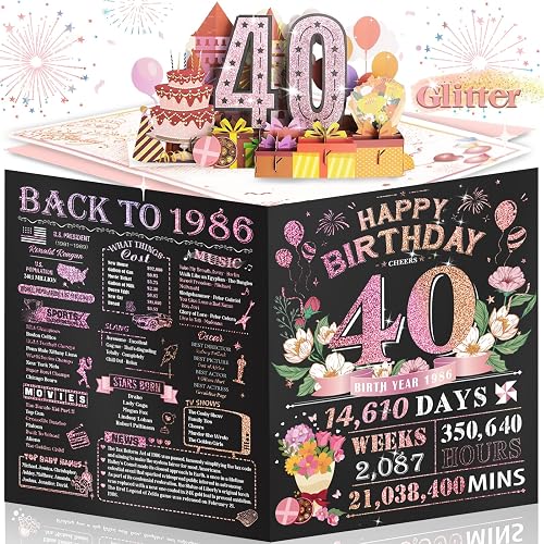 Aiunmiol 40th Birthday Card for Women Her, Jumbo Pop Up 40th Birthday Cards for Wife Mom, Happy 40th Birthday Decorations for 40 Year Old Women Funny Birthday Gifts, Back To 1986, Pink
