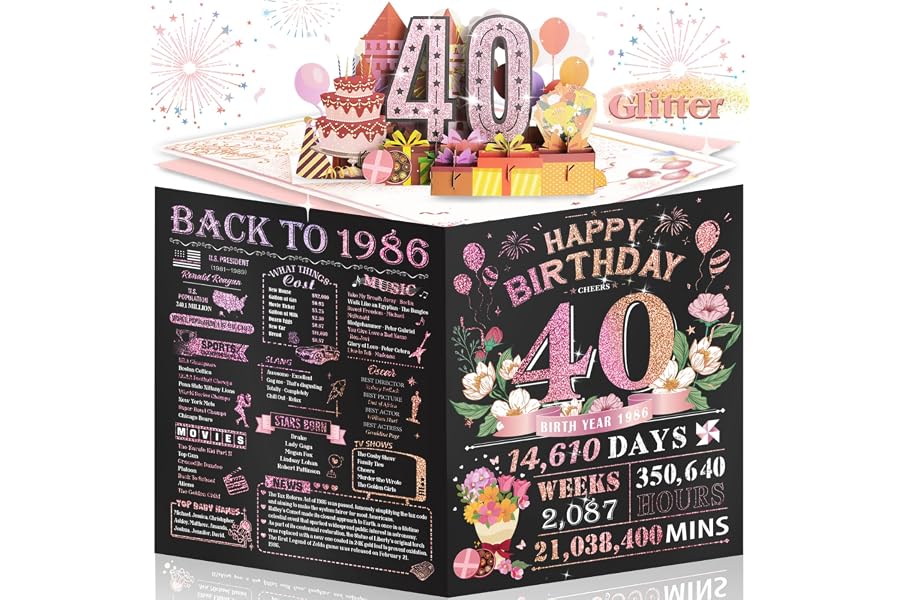 Aiunmiol 40th Birthday Card for Women Her, Jumbo Pop Up 40th Birthday Cards for Wife Mom, Happy 40th Birthday Decorations for