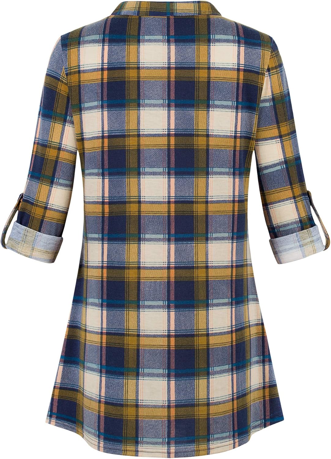 BEPEI Womens Roll-up 3/4 Long Sleeve Plaid Shirts Henley V Neck Casual Tunic Top: Clothing