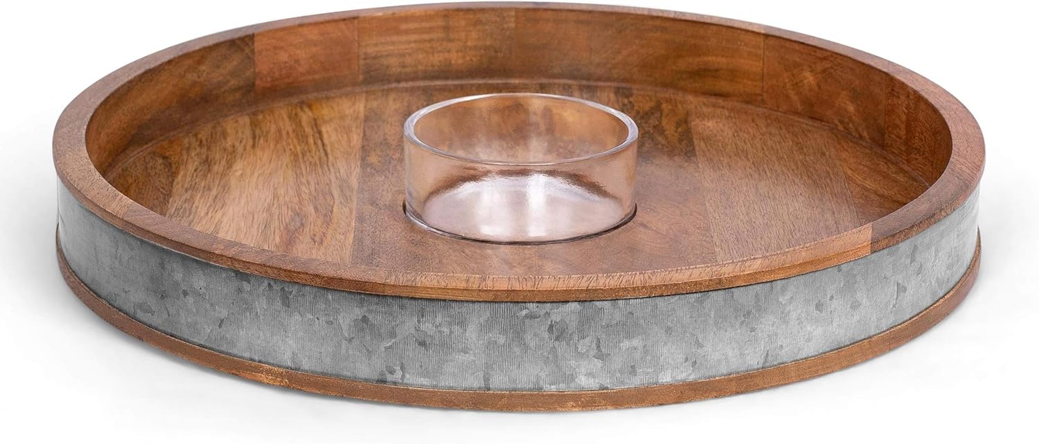 BIRDROCK HOME Wooden and Iron Chip and Dip Serving Tray