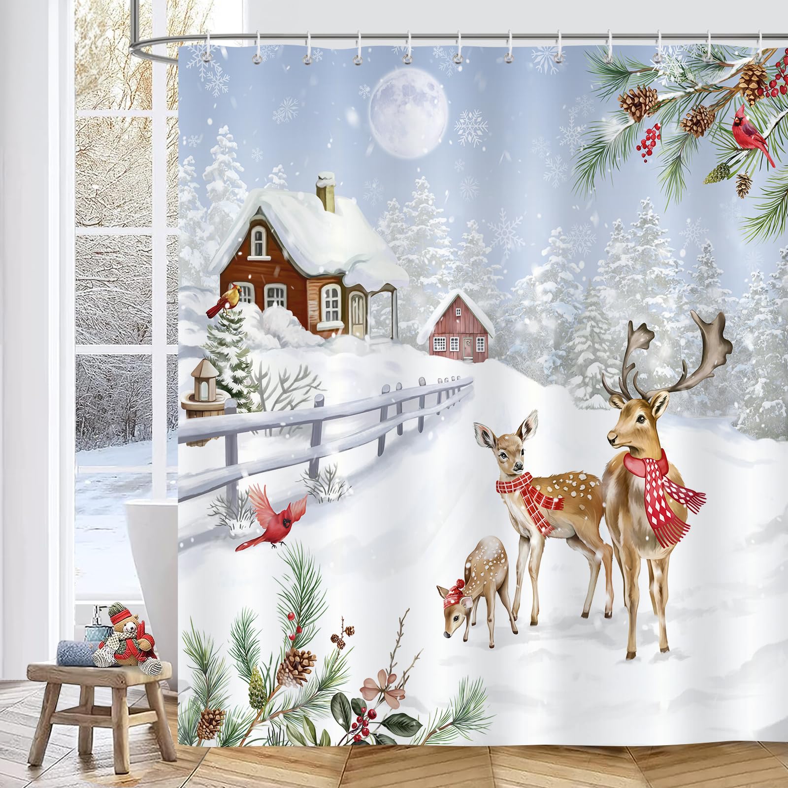 Bonhause Christmas Deer Shower Curtain, Cardinals on Pine Branches Winter Forest Bathroom Curtain 180 x 180 cm Waterproof Mildew and Mould Resistant Polyester Fabric Bath Curtain with 12 Hooks