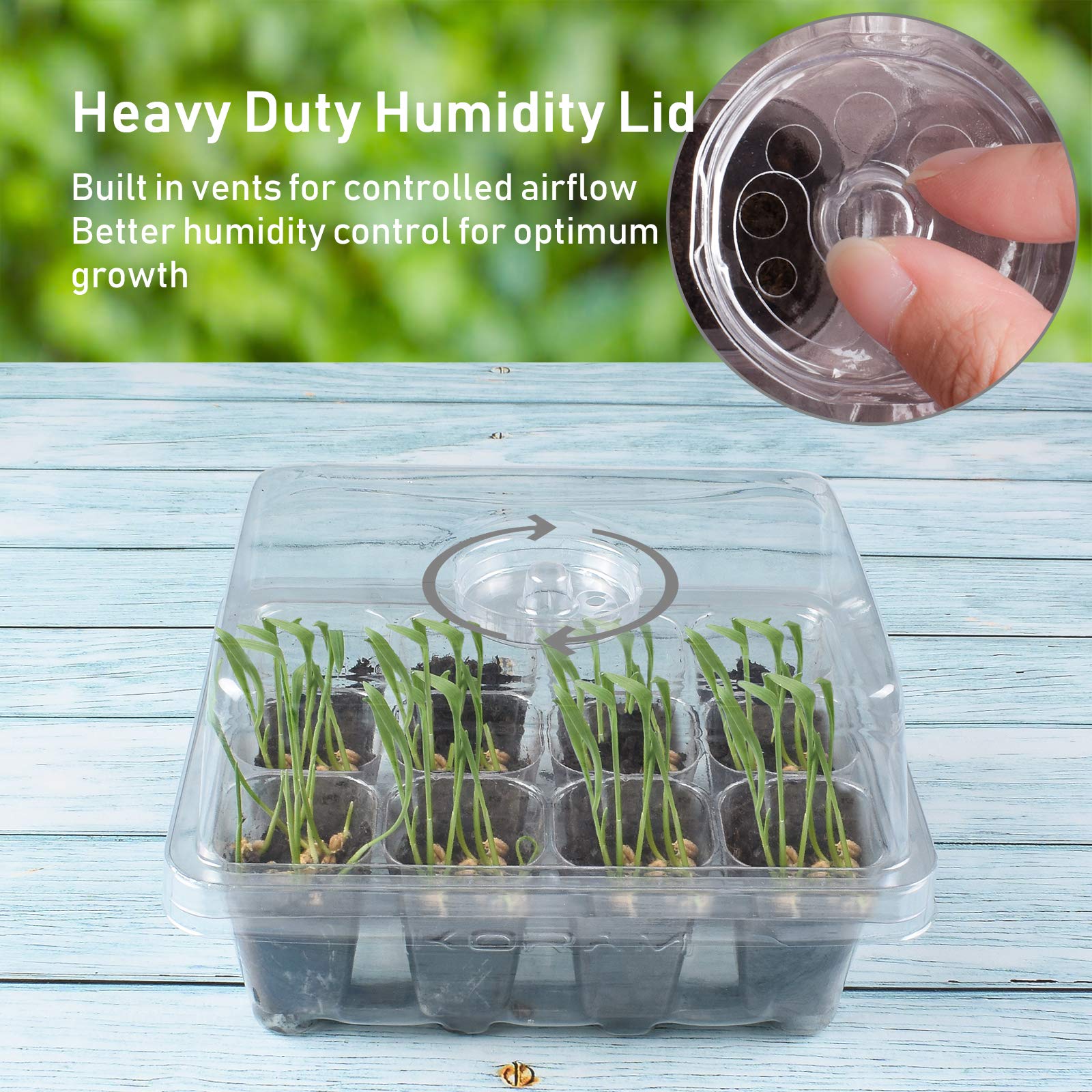 KORAM 10-Pack Seed Started Tray 120 Cells Clear Seedling Starter Tray Humidity Adjustable Seed Starter Kit with Lid Base Plant Tags and Hand Tool Kit (C12)